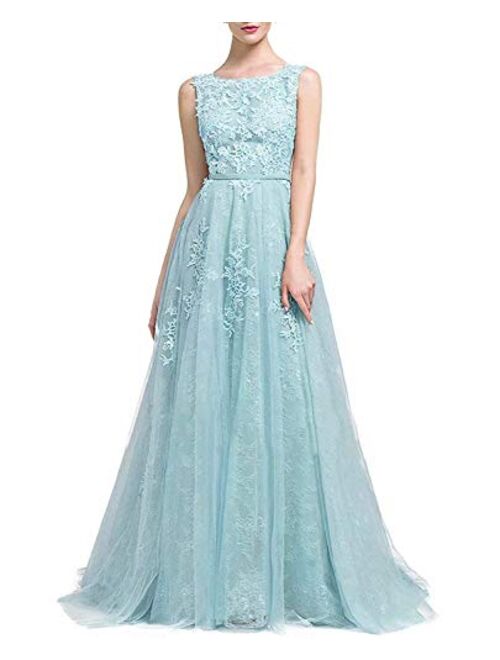 Gricharim Prom Dresses Long Applique Sleeveless Tulle Lace Ball Gowns A Line Evening Formal Dresses