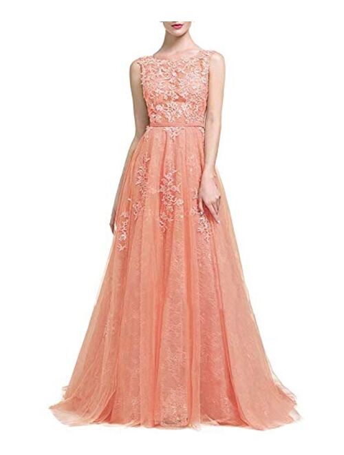 Gricharim Prom Dresses Long Applique Sleeveless Tulle Lace Ball Gowns A Line Evening Formal Dresses