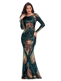 Womens Tulle Mermaid Sequin Long Sleeve Evening Dress Formal Prom Gowns