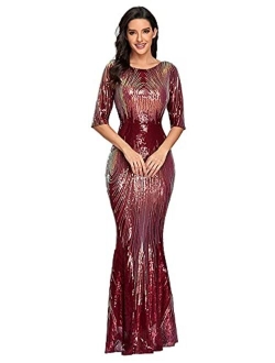 Womens Tulle Mermaid Sequin Long Sleeve Evening Dress Formal Prom Gowns