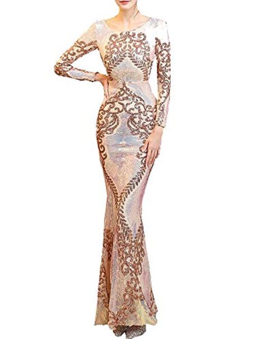 Beauty-Emily Womens Tulle Mermaid Sequin Long Sleeve Evening Dress Formal Prom Gowns