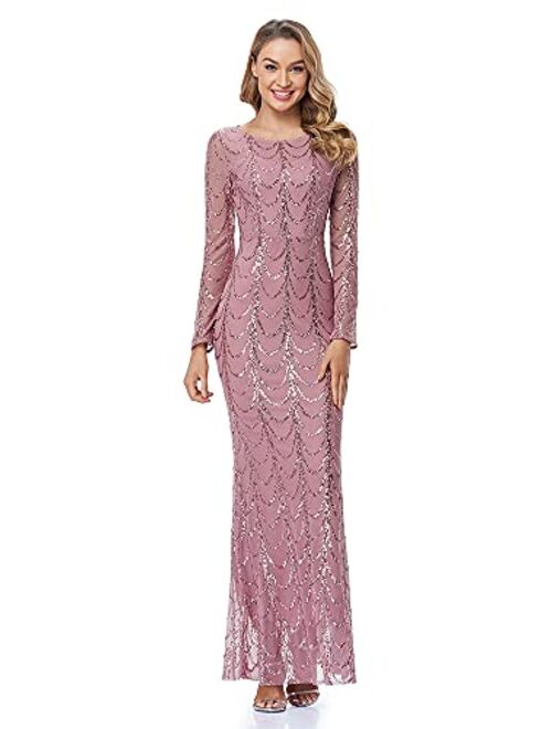 Beauty-Emily Womens Tulle Mermaid Sequin Long Sleeve Evening Dress Formal Prom Gowns