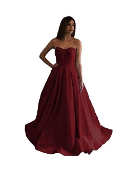 2020 Women's Strapless Long Satin Prom Dresses Ball Gown Pleated Formal Gowns