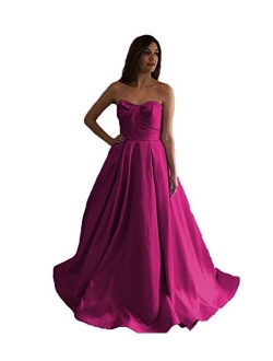 2020 Women's Strapless Long Satin Prom Dresses Ball Gown Pleated Formal Gowns