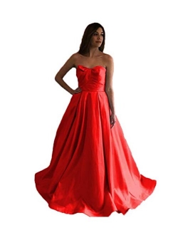 2020 Women's Strapless Long Satin Prom Dresses Ball Gown Pleated Formal Gowns