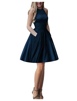 Women's Halter Homecoming Dresses Short A Line Cocktail Dresses with Pockets