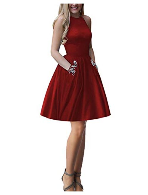 Gricharim Women's Halter Homecoming Dresses Short A Line Cocktail Dresses with Pockets