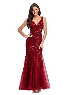 V Neck Long Mermaid Appliques Formal Evening Dresses