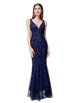 V Neck Long Mermaid Appliques Formal Evening Dresses