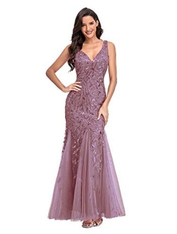 V Neck Long Mermaid Appliques Formal Evening Dresses