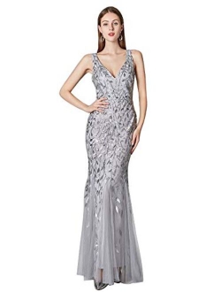 V Neck Long Mermaid Appliques Formal Evening Dresses