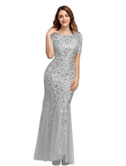 Womens Elegant Mermaid Short Sleeves Long Evening Dress