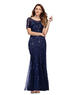 Womens Elegant Mermaid Short Sleeves Long Evening Dress