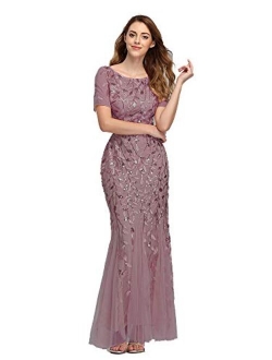 Womens Elegant Mermaid Short Sleeves Long Evening Dress