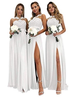 Women's Lace Chiffon Bridesmaid Dresses Long A Line Slit Prom Dresses