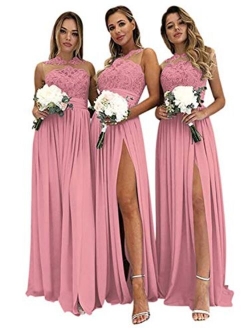 Women's Lace Chiffon Bridesmaid Dresses Long A Line Slit Prom Dresses