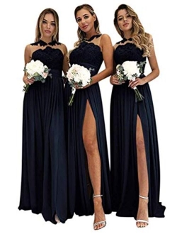 Women's Lace Chiffon Bridesmaid Dresses Long A Line Slit Prom Dresses