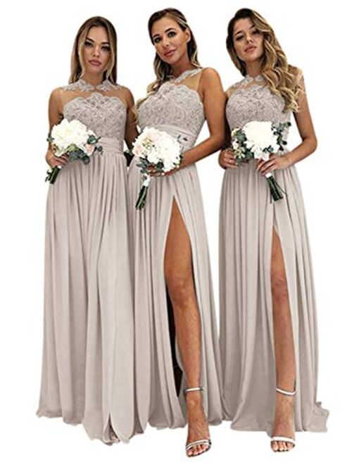 Gricharim Women's Lace Chiffon Bridesmaid Dresses Long A Line Slit Prom Dresses