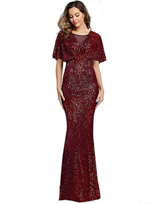 Beauty-Emily Women Stretch Sparkling Gradual V Neck Sequin Mermaid Short Sleeve Evening Dress Prom Dress