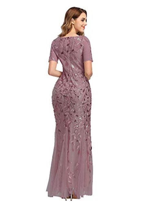 Beauty-Emily Women's Lace Mermaid Long Embroidery Evening Dresses with Sleeves for Party