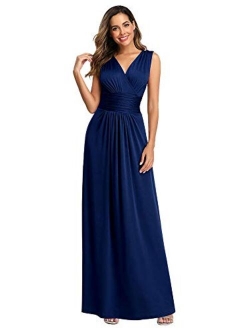 V Neck Formal Party Dress Pleated Long Evening Dresses