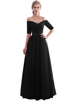 Half Sleeves Evening Dresses Long Bridesmaid Dress for Formal Party Tulle Prom Gown