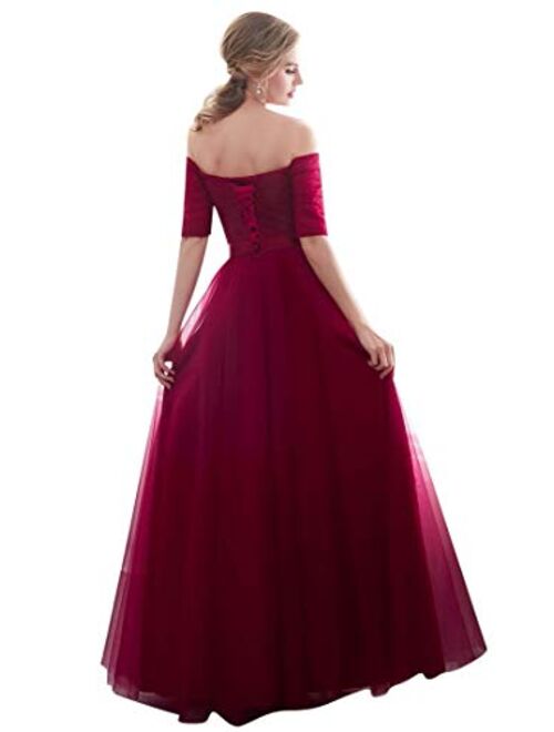 Beauty-Emily Half Sleeves Evening Dresses Long Bridesmaid Dress for Formal Party Tulle Prom Gown