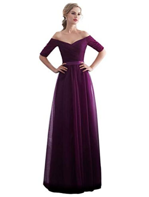 Beauty-Emily Half Sleeves Evening Dresses Long Bridesmaid Dress for Formal Party Tulle Prom Gown