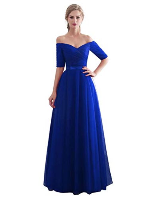 Beauty-Emily Half Sleeves Evening Dresses Long Bridesmaid Dress for Formal Party Tulle Prom Gown