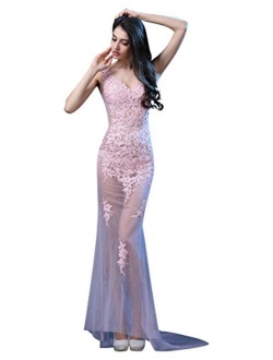 Lace See-Through Sleeveless Sweep Train Evening Gowns