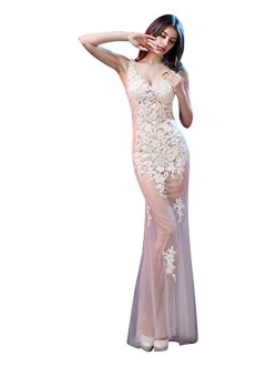 Lace See-Through Sleeveless Sweep Train Evening Gowns