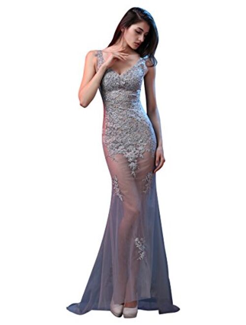 Beauty-Emily Lace See-Through Sleeveless Sweep Train Evening Gowns