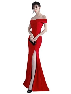 Women's Off Shoulder Long Slip Formal Evening Dresses