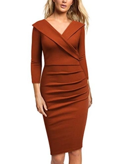 Women's Deep-V Neck Ruffle Fitted Work Pencil Dress