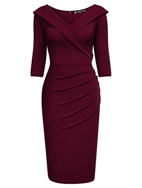 Miusol Women's Deep-V Neck Ruffle Fitted Work Pencil Dress