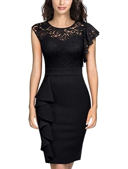 Women's Floral Lace Ruffle Sleeve Slim Cocktail Party Dress