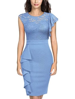 Women's Floral Lace Ruffle Sleeve Slim Cocktail Party Dress