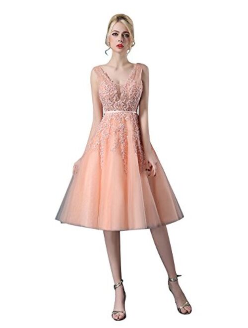 Beauty-Emily Lace Sleeveless Double V-Neck Knee Length Cocktail Gowns