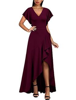 Women's Formal V Neck Ruffle Split Evening Party Long Dress