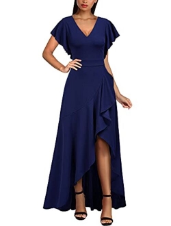 Women's Formal V Neck Ruffle Split Evening Party Long Dress