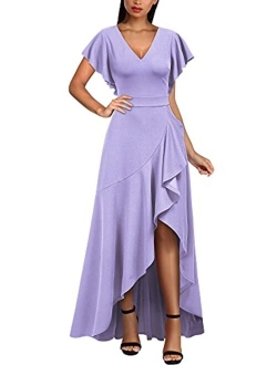 Women's Formal V Neck Ruffle Split Evening Party Long Dress