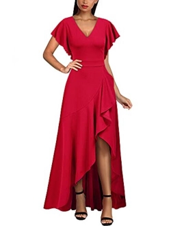 Women's Formal V Neck Ruffle Split Evening Party Long Dress