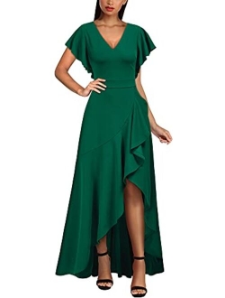 Women's Formal V Neck Ruffle Split Evening Party Long Dress