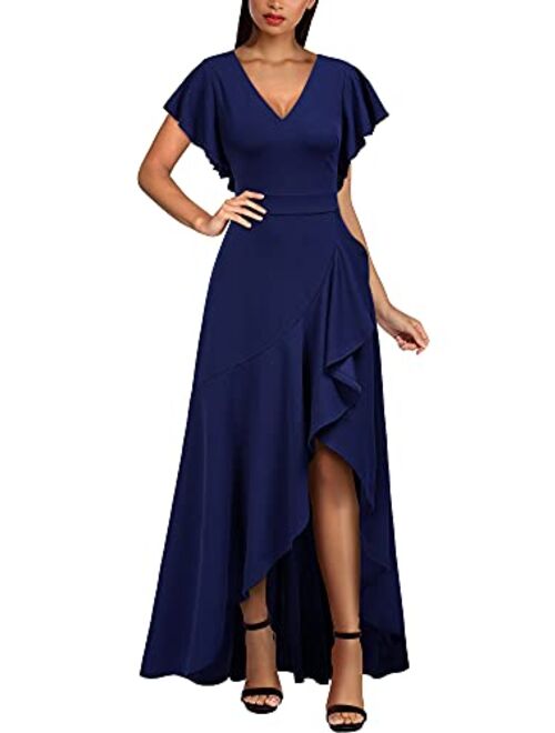 Miusol Women's Formal V Neck Ruffle Split Evening Party Long Dress