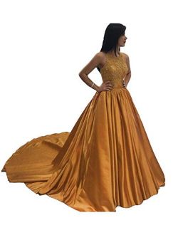 Women's Halter Beaded Applique Prom Dresses Long Ball Gown Evening Formal Dress