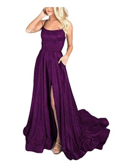 Women's Halter Sparkly Glitter Prom Dresses Long Backless Evening Formal Gowns with Train