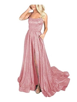 Women's Halter Sparkly Glitter Prom Dresses Long Backless Evening Formal Gowns with Train