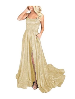 Women's Halter Sparkly Glitter Prom Dresses Long Backless Evening Formal Gowns with Train