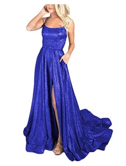 Women's Halter Sparkly Glitter Prom Dresses Long Backless Evening Formal Gowns with Train