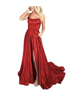 Women's Halter Sparkly Glitter Prom Dresses Long Backless Evening Formal Gowns with Train